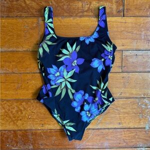 Vintage Floral Purple and Black One-Piece Swimsuit